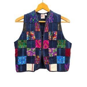 Maya Works Patchwork Vest Women's Handmade Guatemala 100% Cotton Blue S Folk